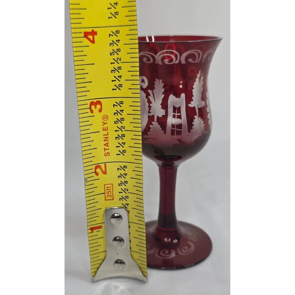 Vintage Egermann Bohemian Ruby Red Etched Cordial Glasses | Set of 5 | Cut Clear